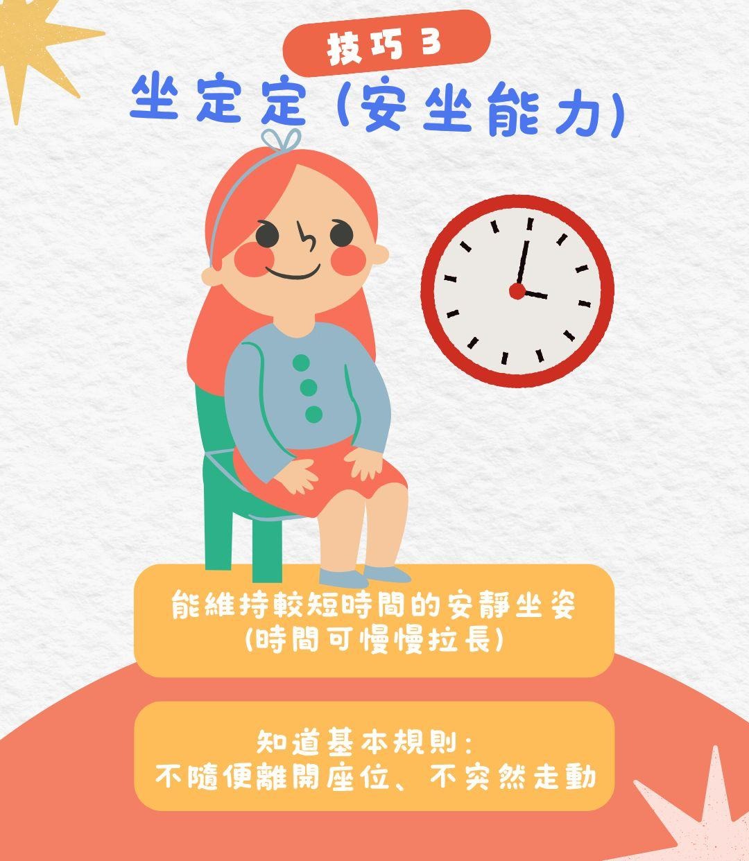 技巧3 坐定定 安坐能力：能維持較短時間的安靜坐姿 知道基本規則