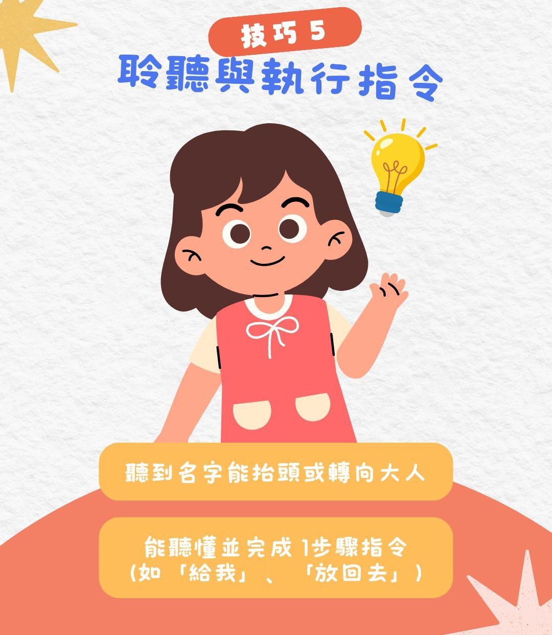 技巧5 聆聽與執行指令：聽到名字會回應 能完成1步驟指令