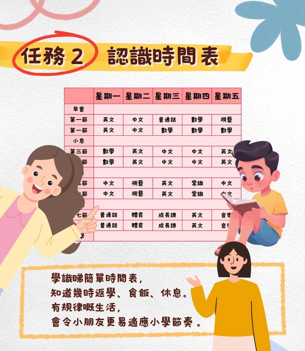 任務2 認識時間表：學識睇簡單時間表，知道幾時返學、食飯、休息