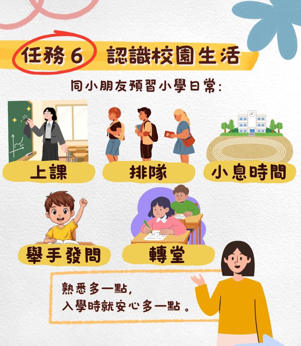 任務6 認識校園生活：上課、排隊、小息時間、舉手發問、轉堂